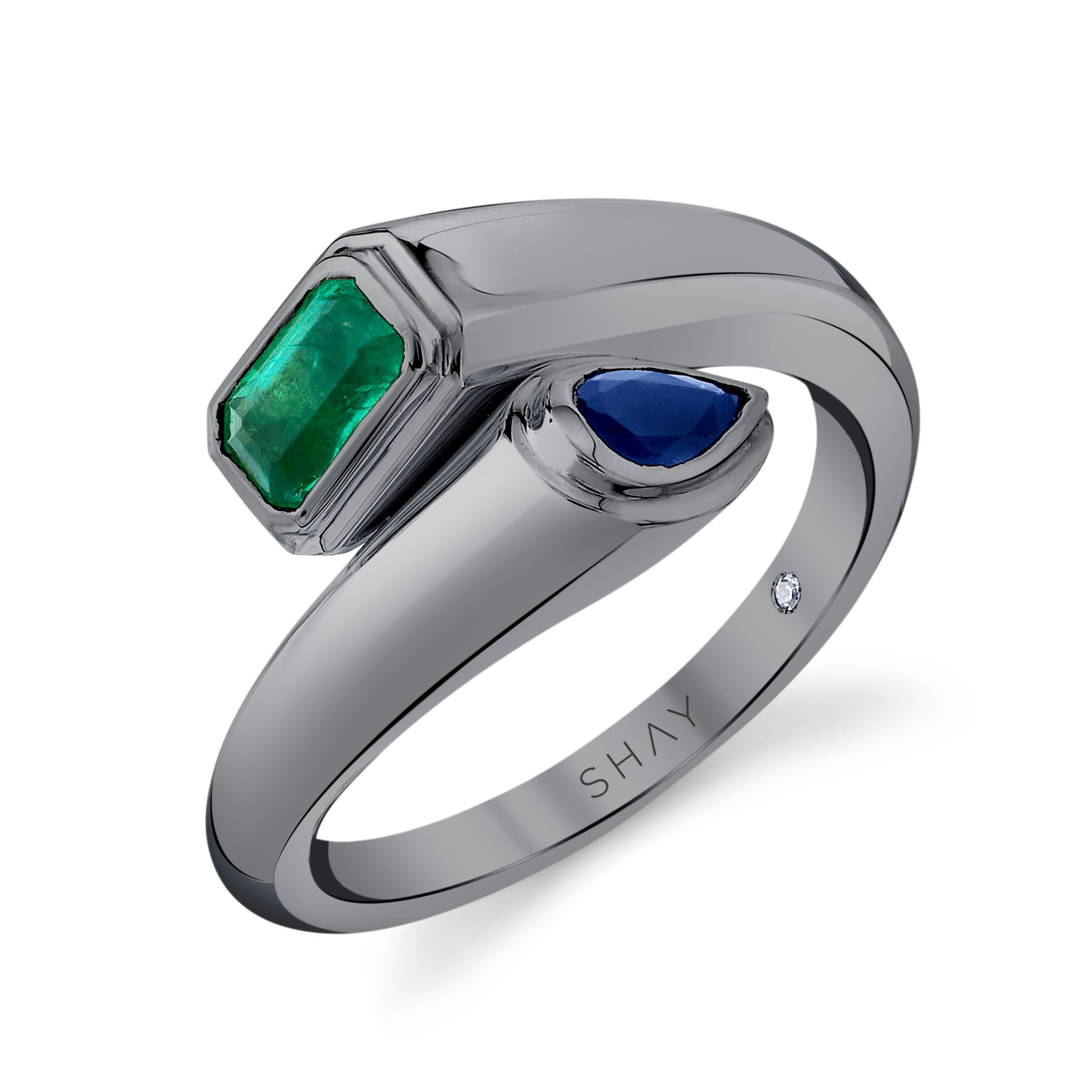 EMERALD & BLUE SAPPHIRE BYPASS PINKY RING