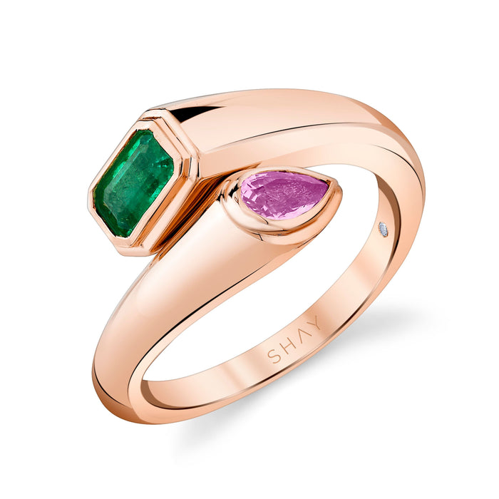 READY TO SHIP EMERALD & PINK SAPPHIRE MIXED BYPASS PINKY RING