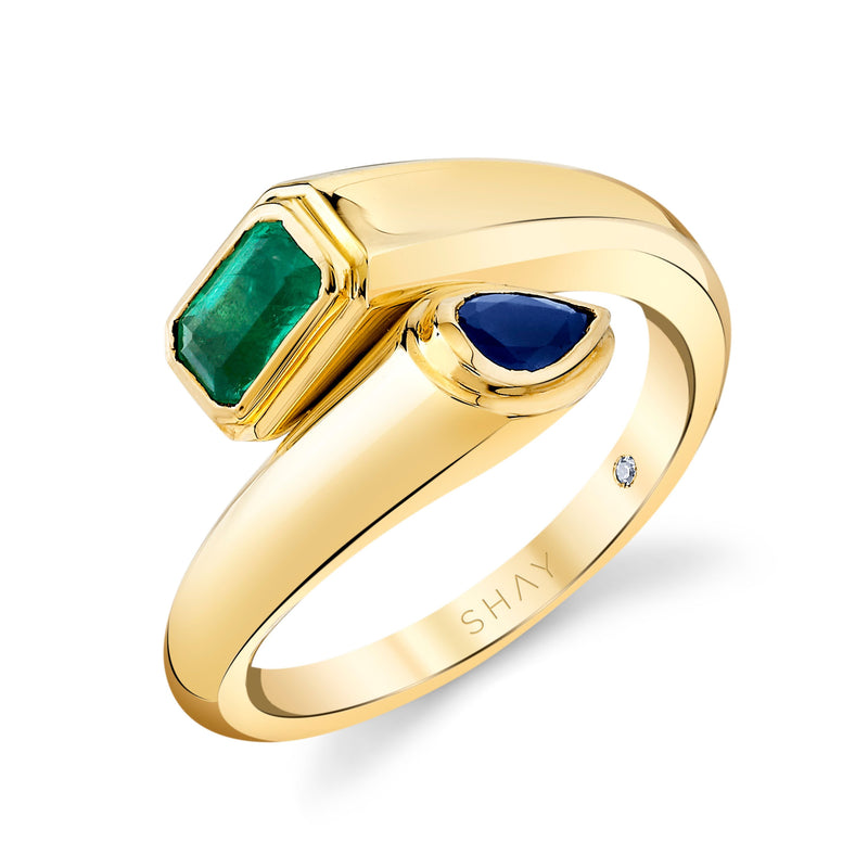 READY TO SHIP EMERALD & BLUE SAPPHIRE MIXED BYPASS PINKY RING