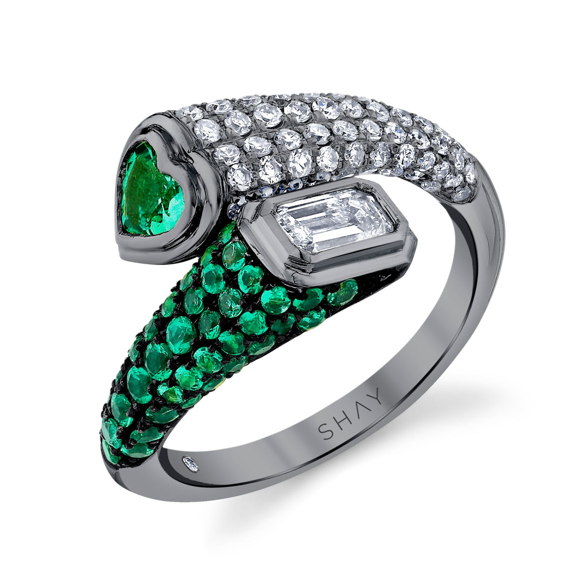 READY TO SHIP DIAMOND & EMERALD MIXED BYPASS PINKY RING