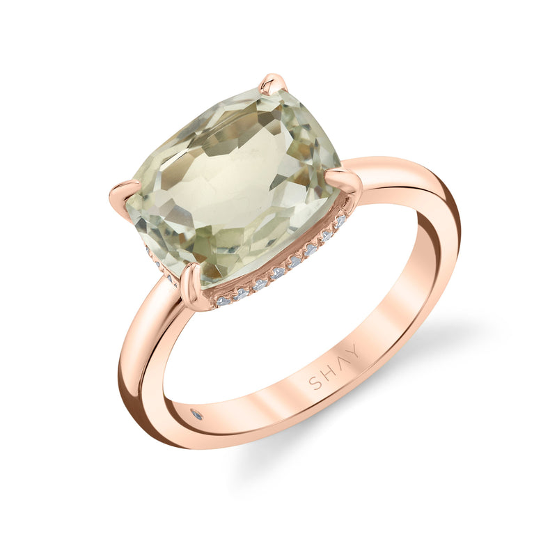 GREEN AMETHYST & DIAMOND CUSHION GEM RING