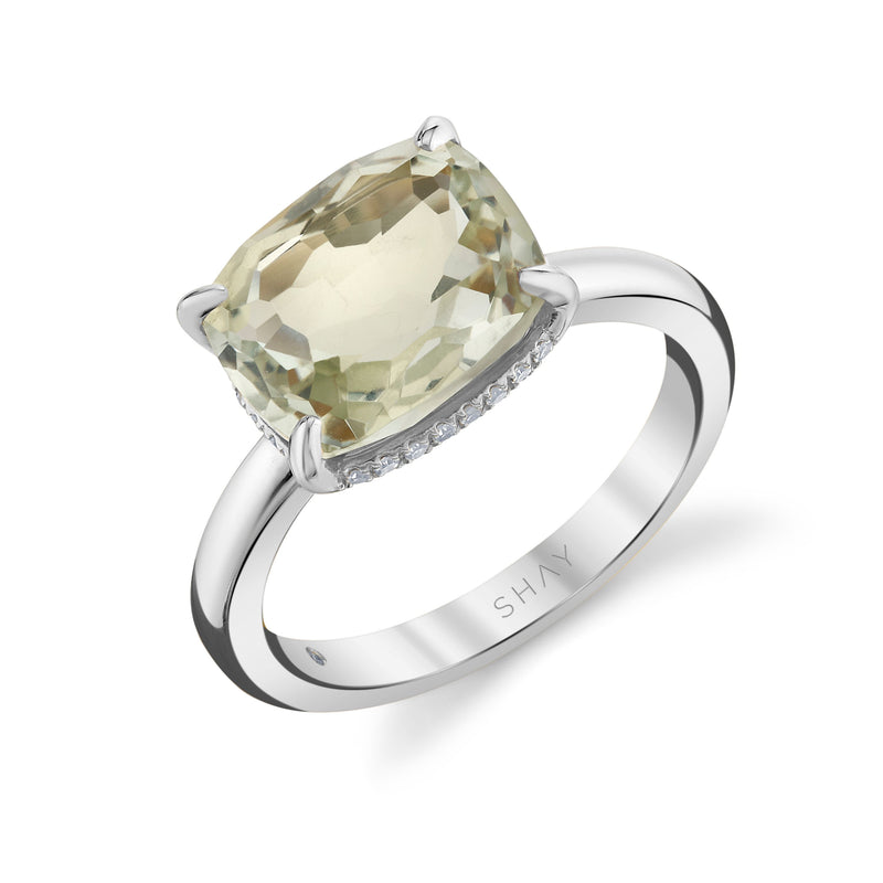GREEN AMETHYST & DIAMOND CUSHION GEM RING