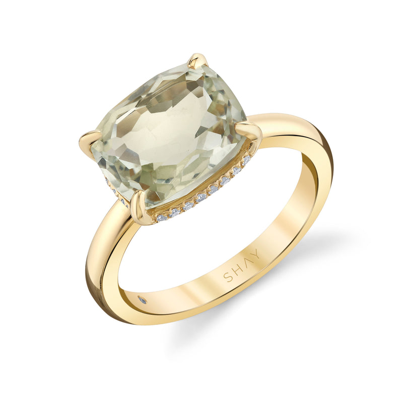 GREEN AMETHYST & DIAMOND CUSHION GEM RING