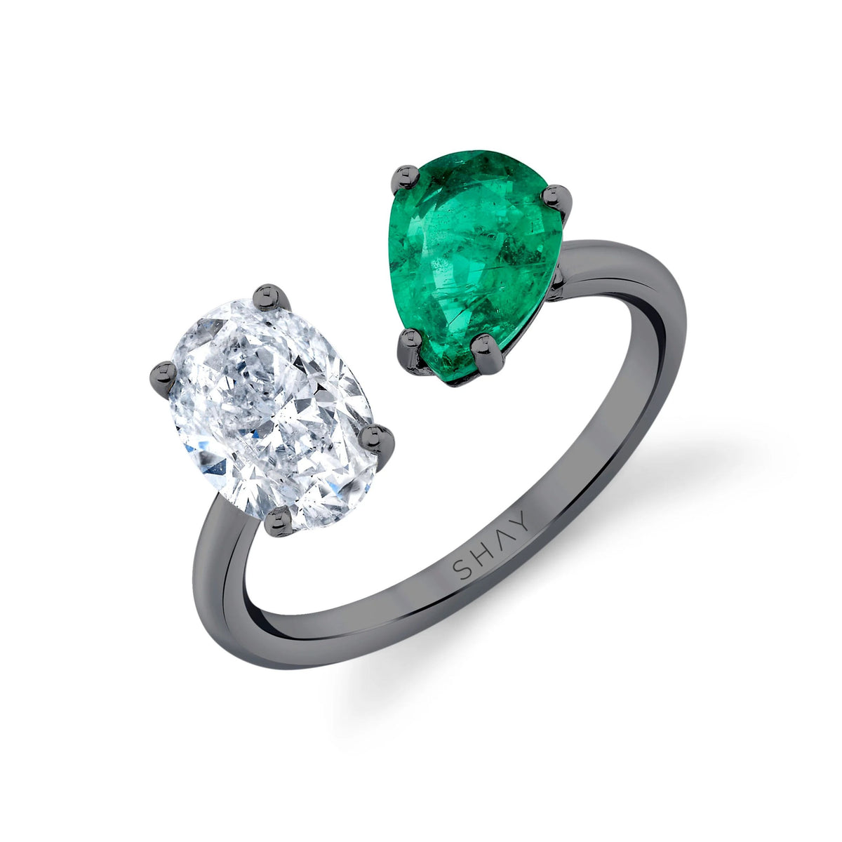 EMERALD PEAR & DIAMOND OVAL TWIN PINKY RING