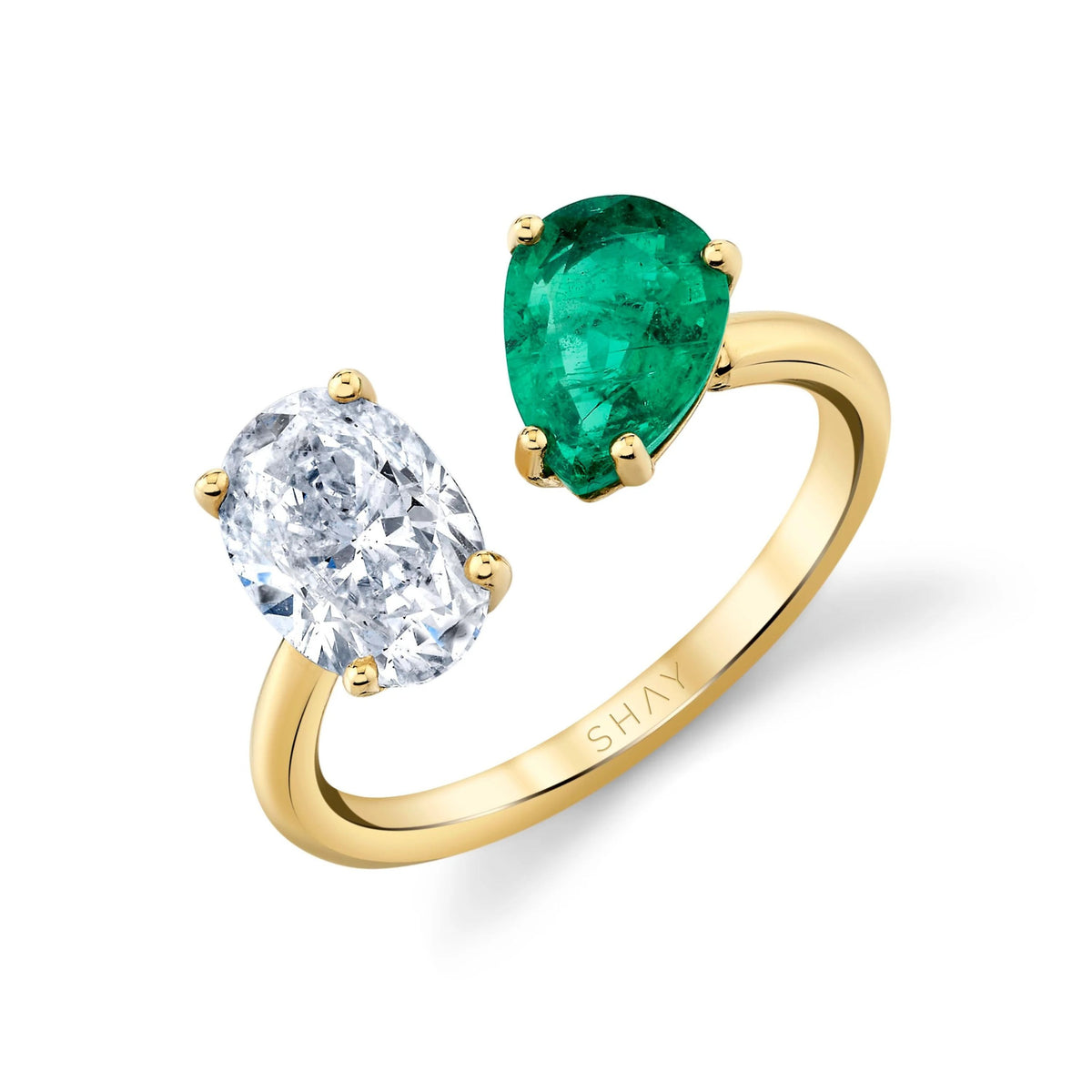 EMERALD PEAR & DIAMOND OVAL TWIN PINKY RING