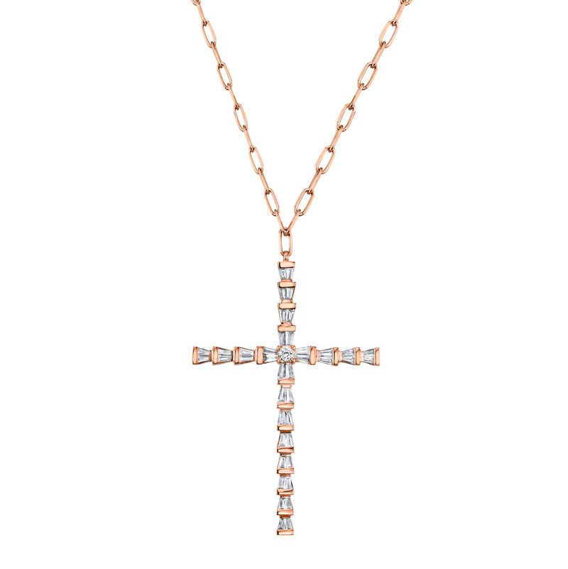 READY TO SHIP DIAMOND TAPERED BAGUETTE CROSS NECKLACE