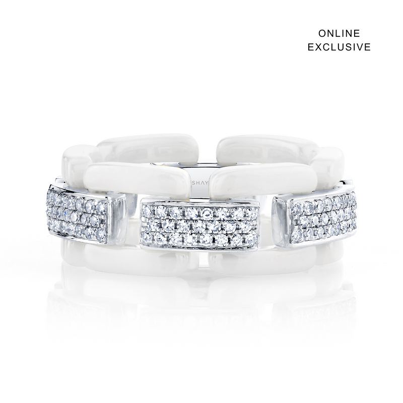 DIAMOND PAVE WHITE CERAMIC DECO LINK RING