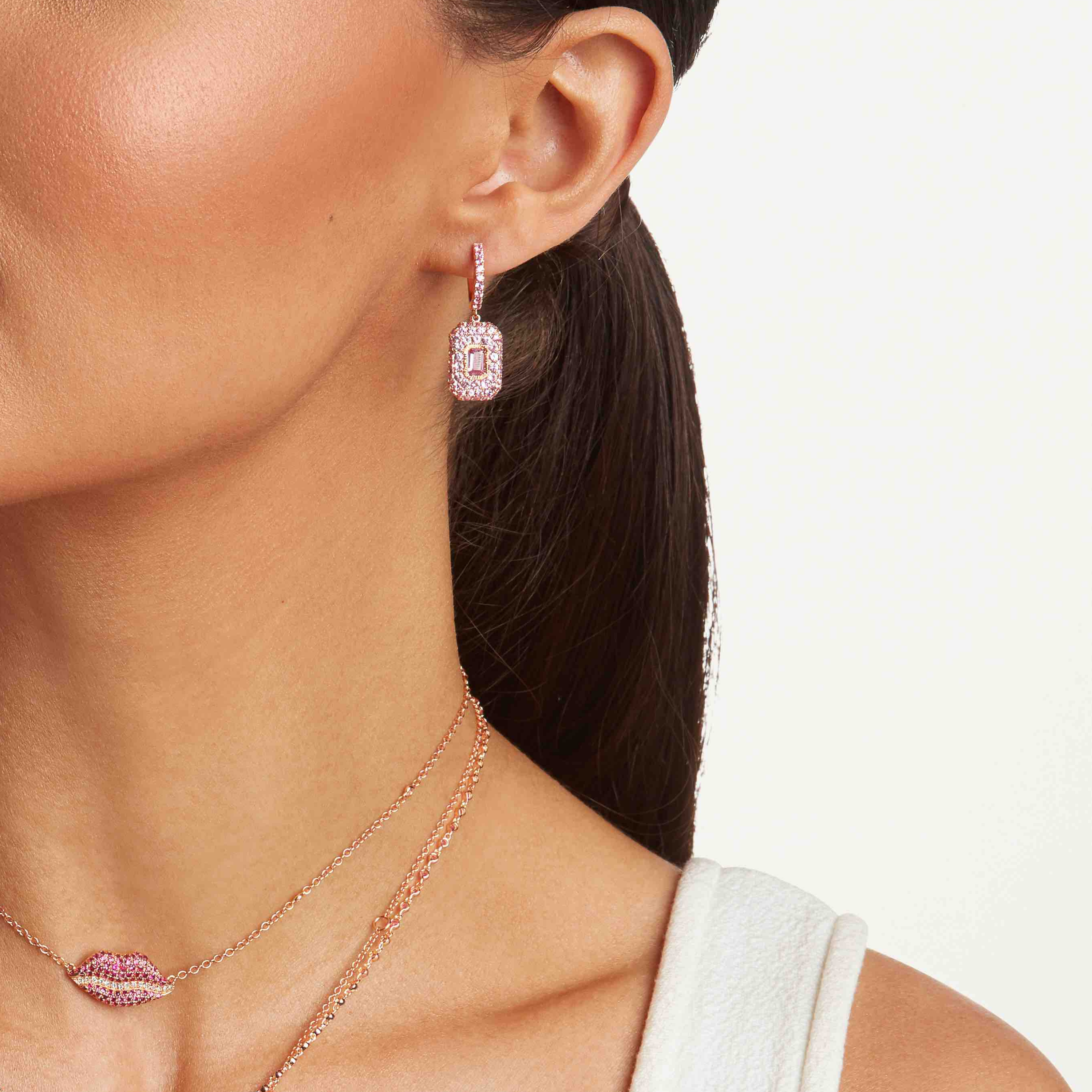 READY TO SHIP PINK SAPPHIRE PAVE BAGUETTE DROP EARRINGS