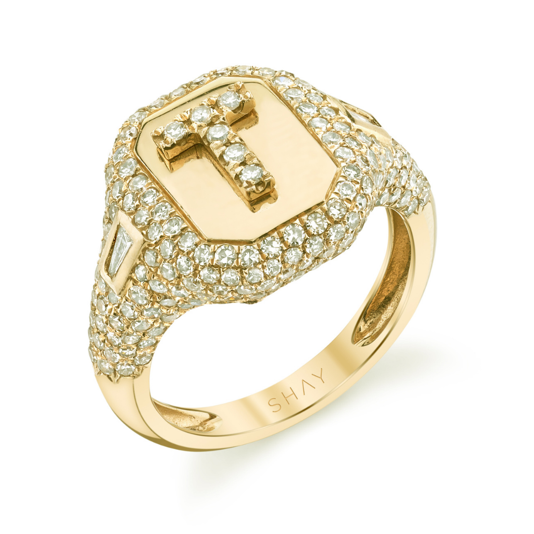 Yellow Gold A-Z Diamond Letter Initial Square Ring