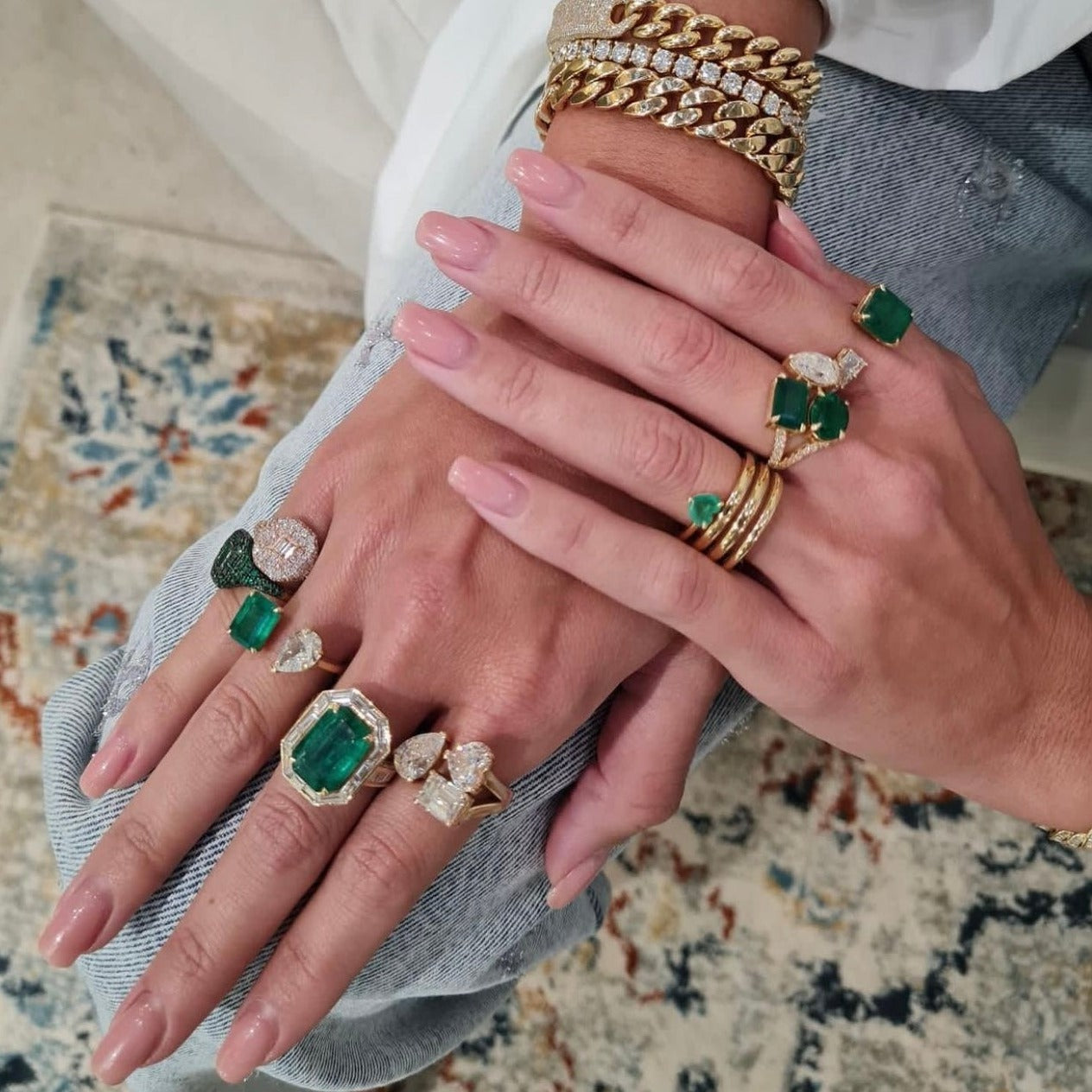 READY TO SHIP EMERALD & DIAMOND TRIPLE THREAT RING