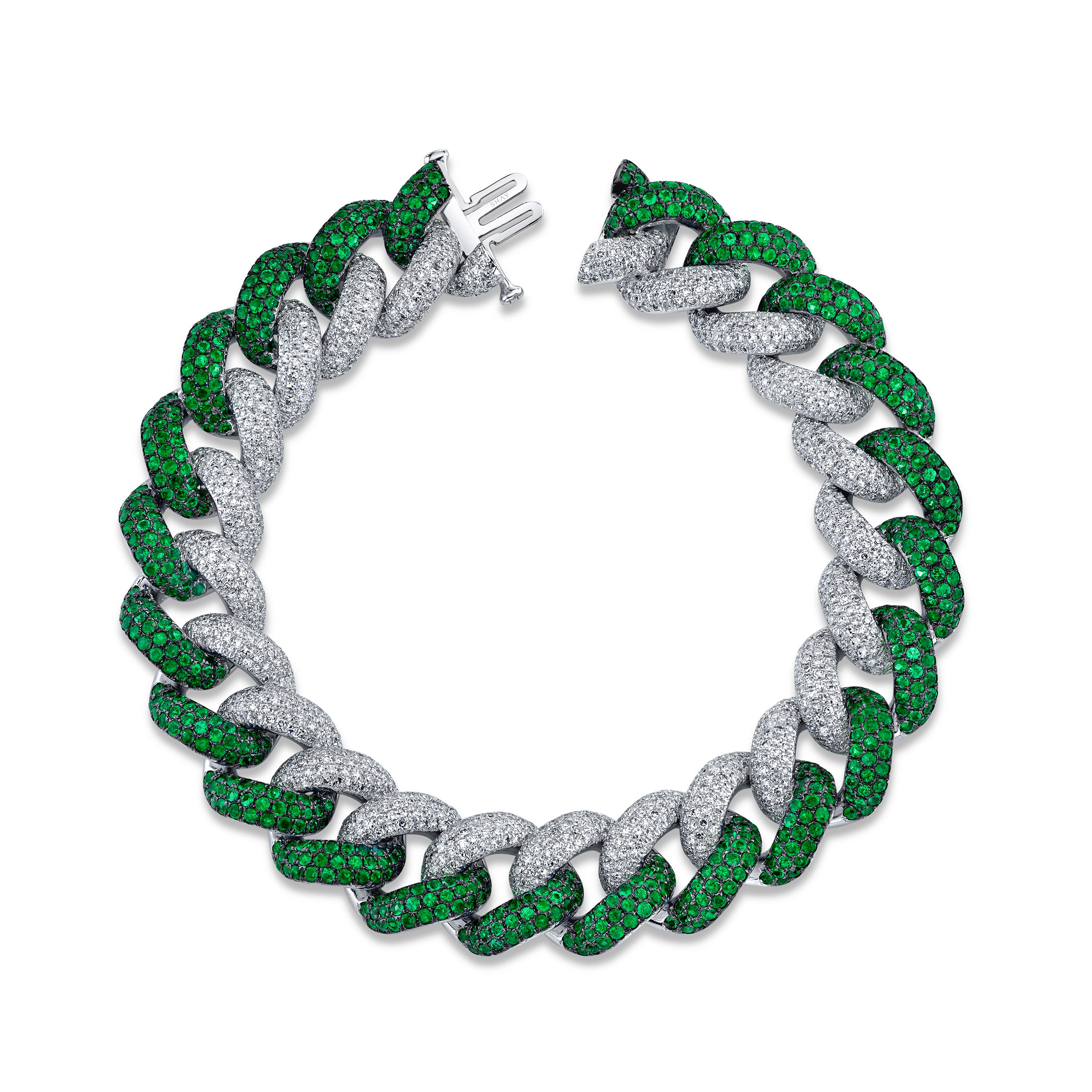 TWO-TONE JUMBO PAVE DIAMOND & GREEN SAPPHIRE LINK BRACELET