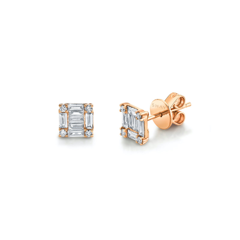 DIAMOND SQUARE STACKED BAGUETTE STUDS