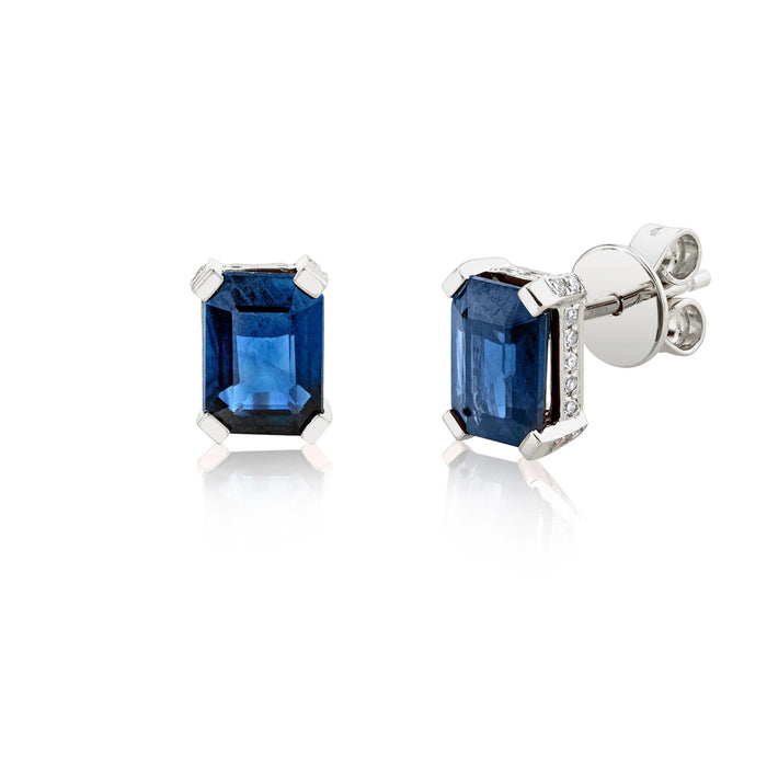 READY TO SHIP BLUE SAPPHIRE RECTANGLE HALO STUDS