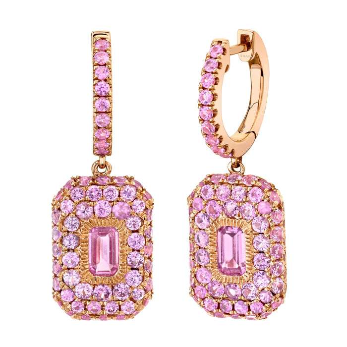 READY TO SHIP PINK SAPPHIRE PAVE BAGUETTE DROP EARRINGS