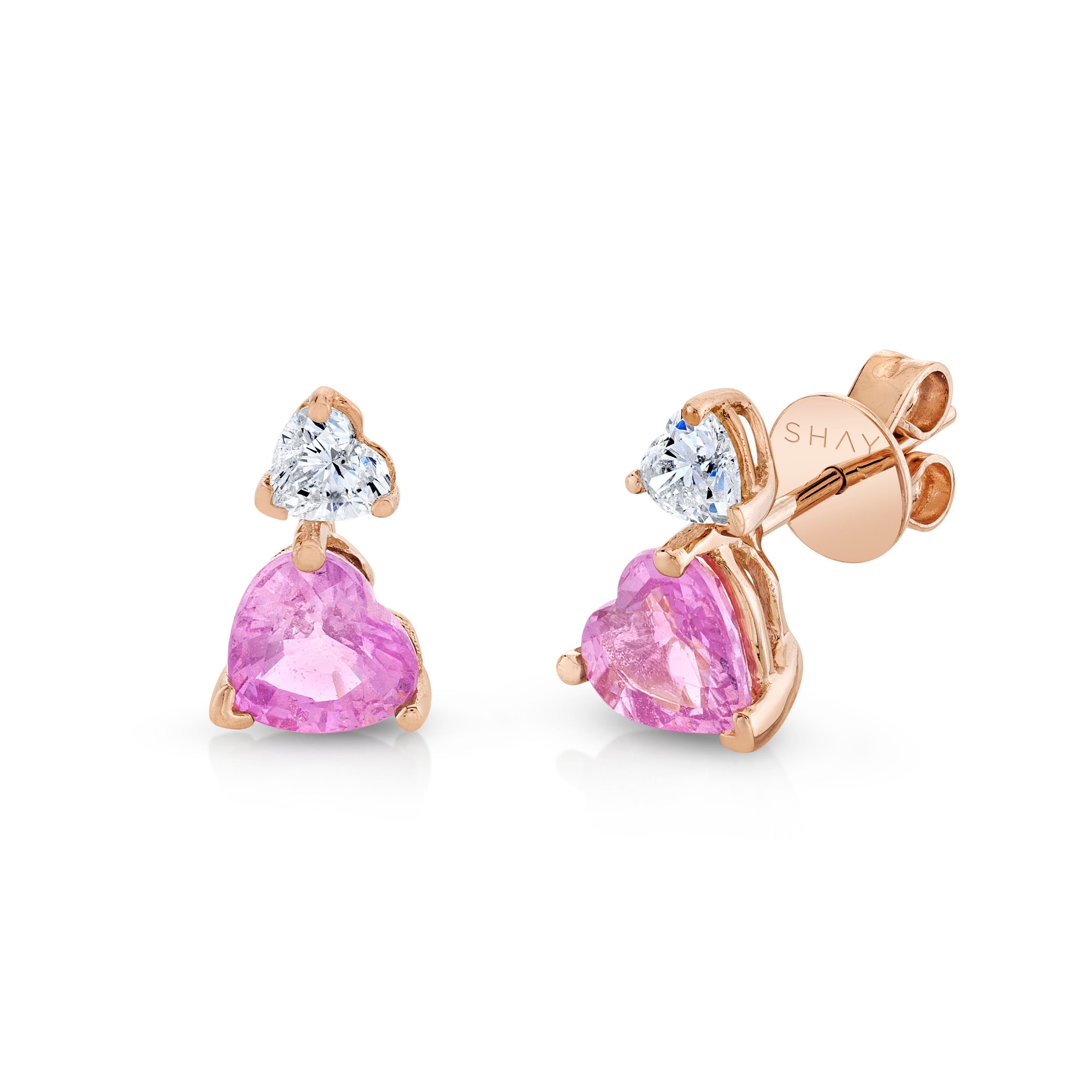 PINK SAPPHIRE & DIAMOND HEART STEP STUDS