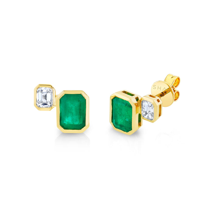READY TO SHIP EMERALD BEZEL SET TWO STEP STUDS