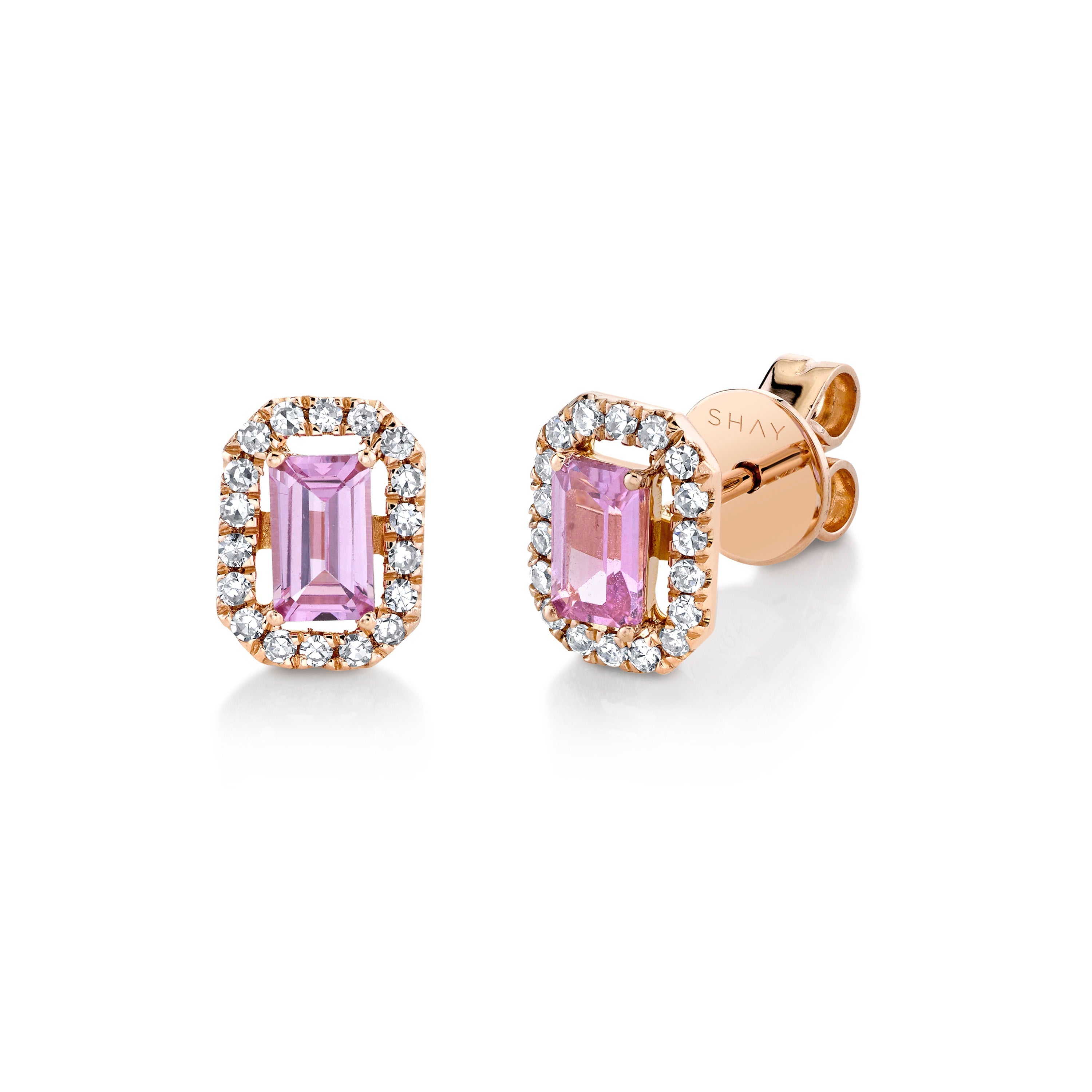 READY TO SHIP MINI ME DIAMOND HALO PINK SAPPHIRE STUDS