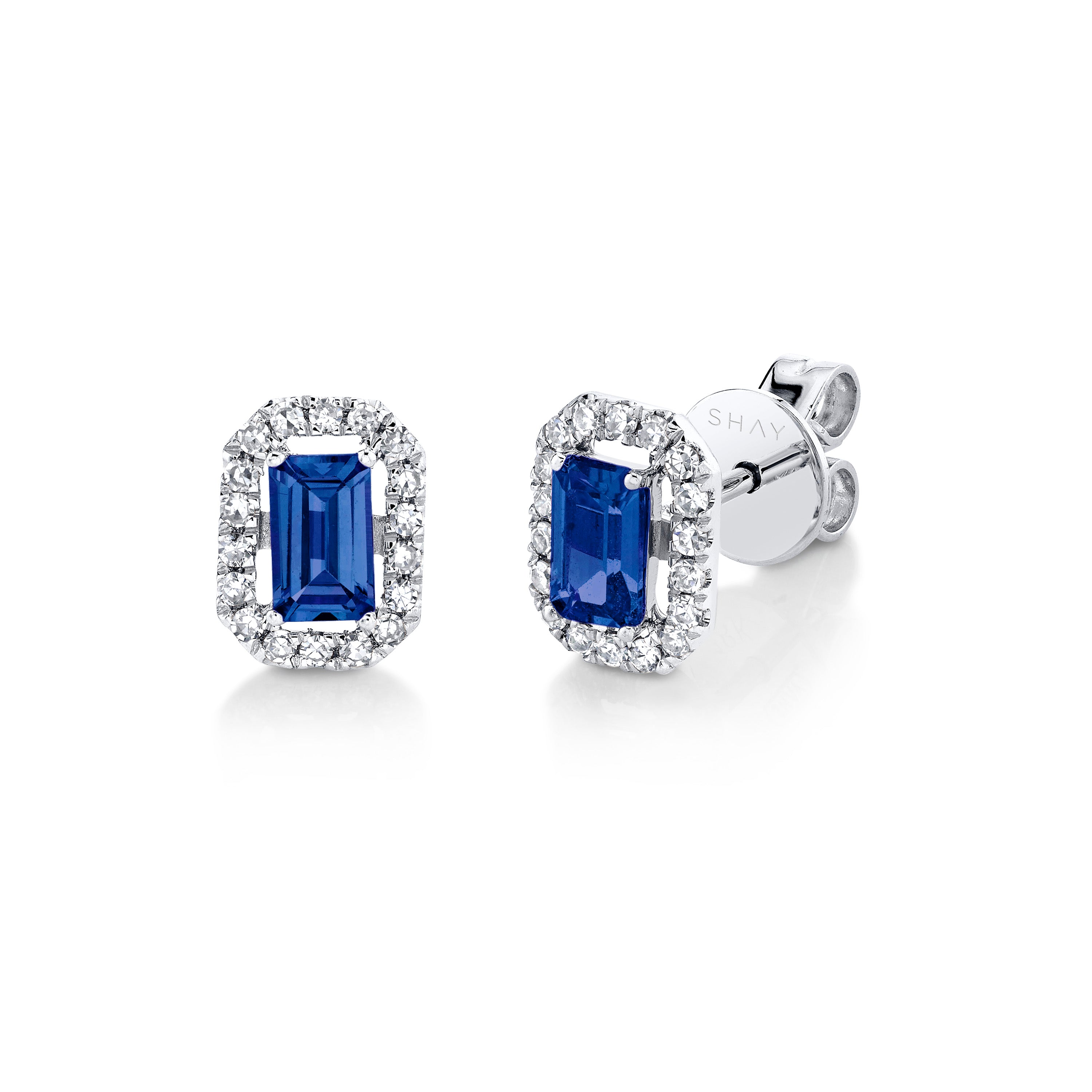 MINI ME DIAMOND HALO BLUE SAPPHIRE STUDS SHAY JEWELRY