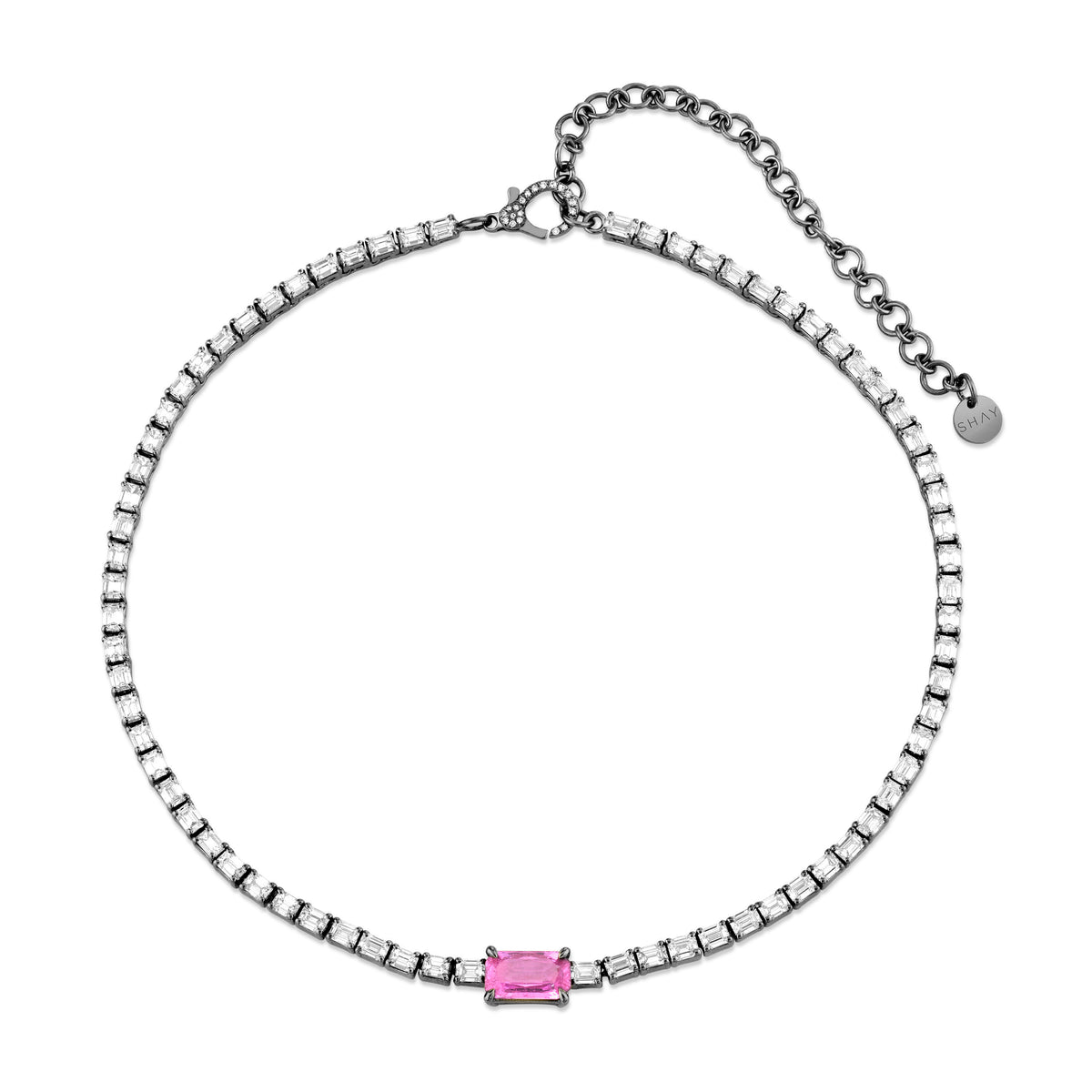 Pink Sapphire Emerald Cut Center Tennis Necklace Rose Gold/Diamond