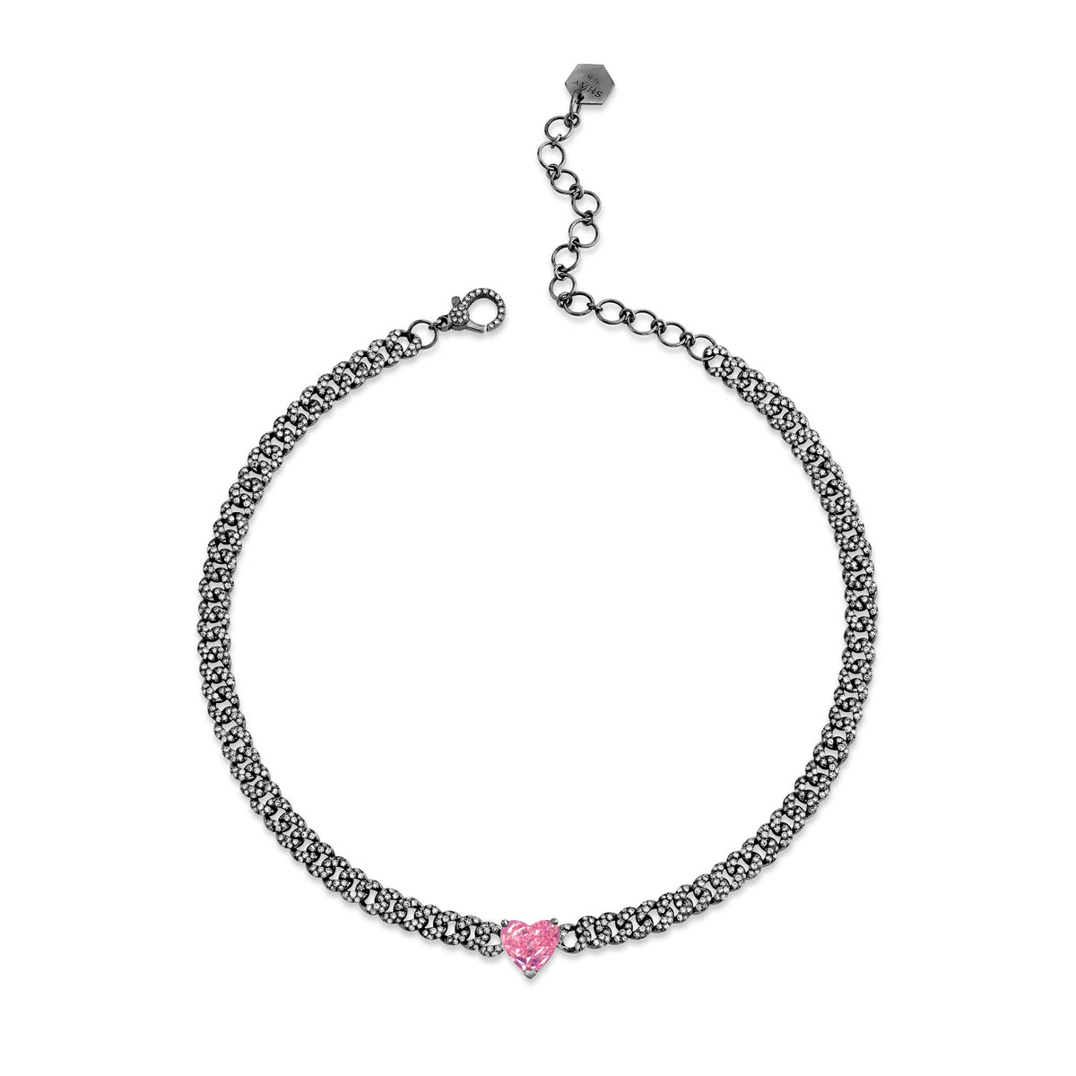PINK SAPPHIRE HEART MINI PAVE LINK NECKLACE