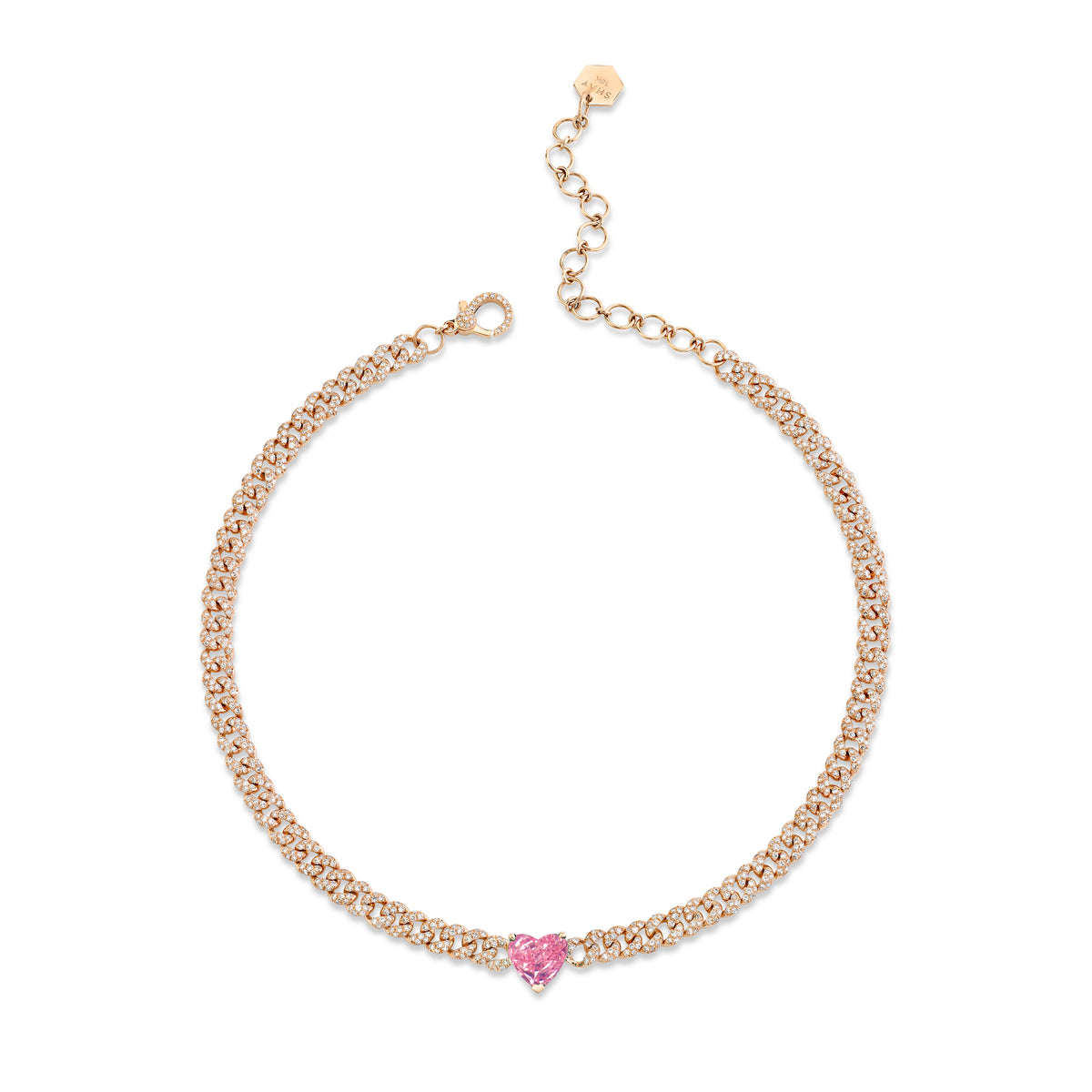 PINK SAPPHIRE HEART MINI PAVE LINK NECKLACE