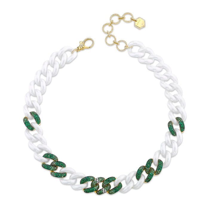 READY TO SHIP EMERALD & GREEN GARNET 9 OMBRE WHITE CERAMIC JUMBO LINK NECKLACE