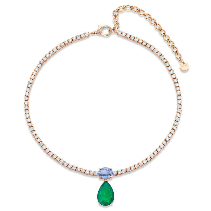 READY TO SHIP DIAMOND TENNIS NECKLACE WITH EMERALD & BLUE SAPPHIRE DROP
