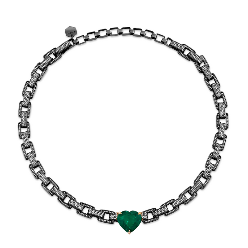 JUMBO EMERALD HEART PAVE DECO LINK NECKLACE