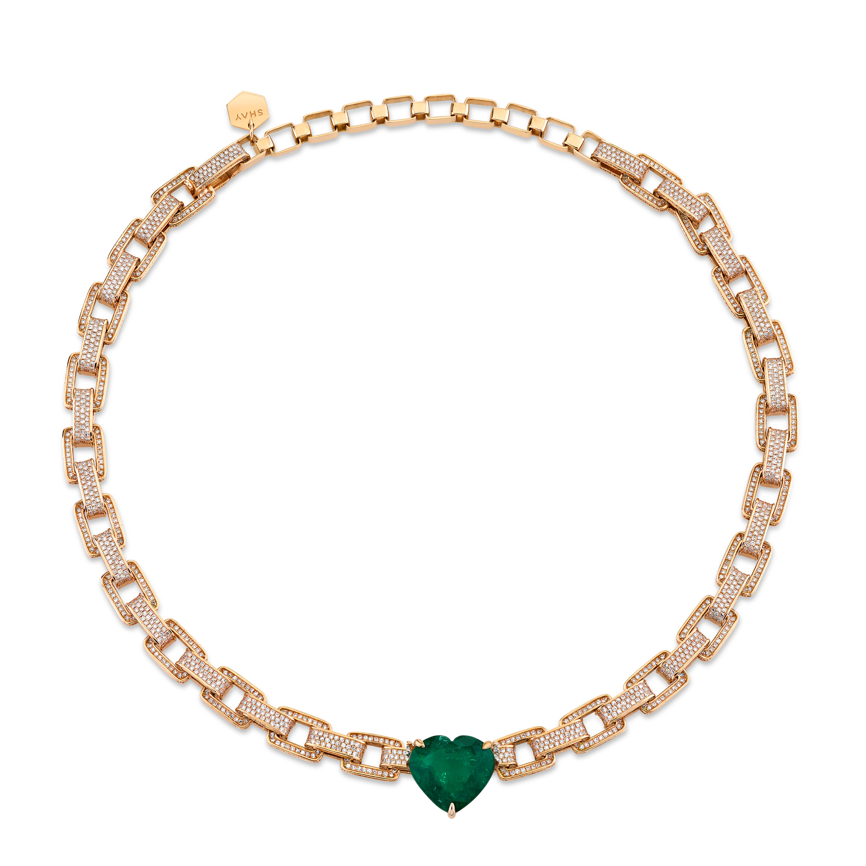 EMERALD GRAND HEART DECO LINK NECKLACE