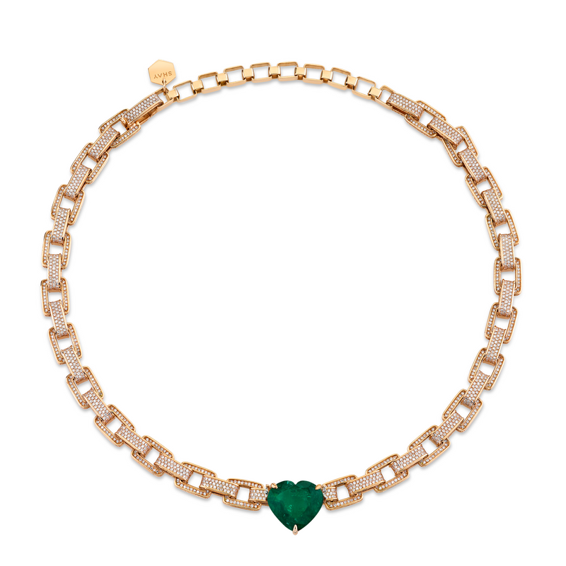 READY TO SHIP JUMBO EMERALD HEART PAVE DECO LINK NECKLACE