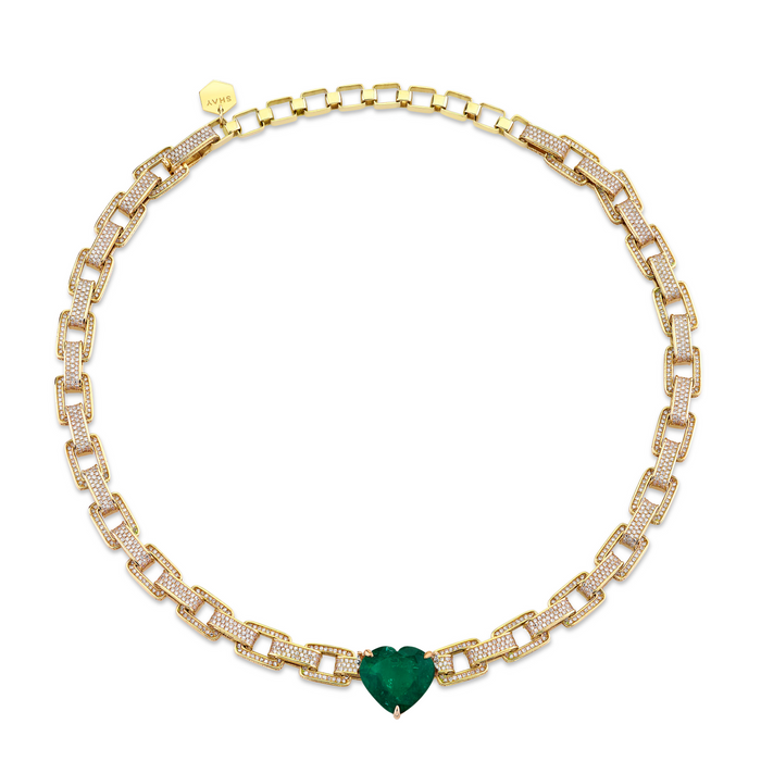 JUMBO EMERALD HEART PAVE DECO LINK NECKLACE