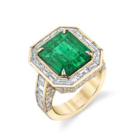 READY TO SHIP EMERALD BAGUETTE HALO COCKTAIL RING