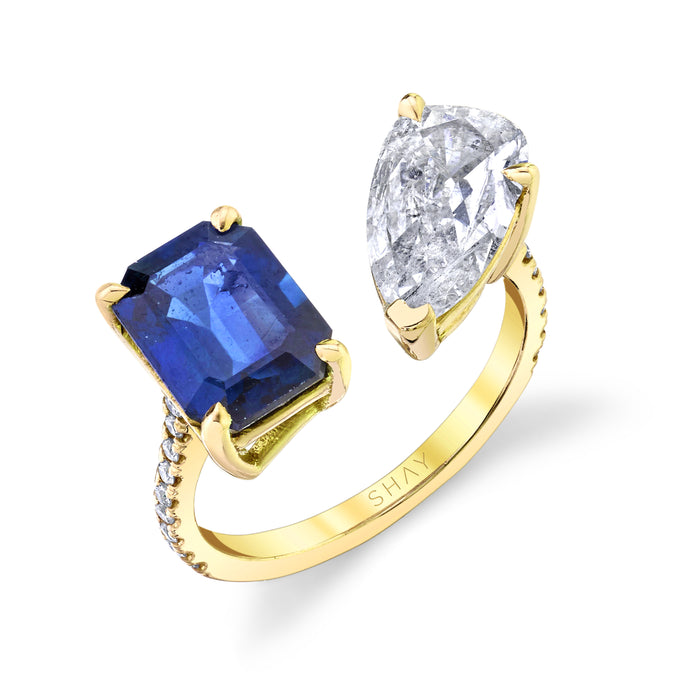 DIAMOND PEAR & BLUE SAPPHIRE TWIN PINKY RING
