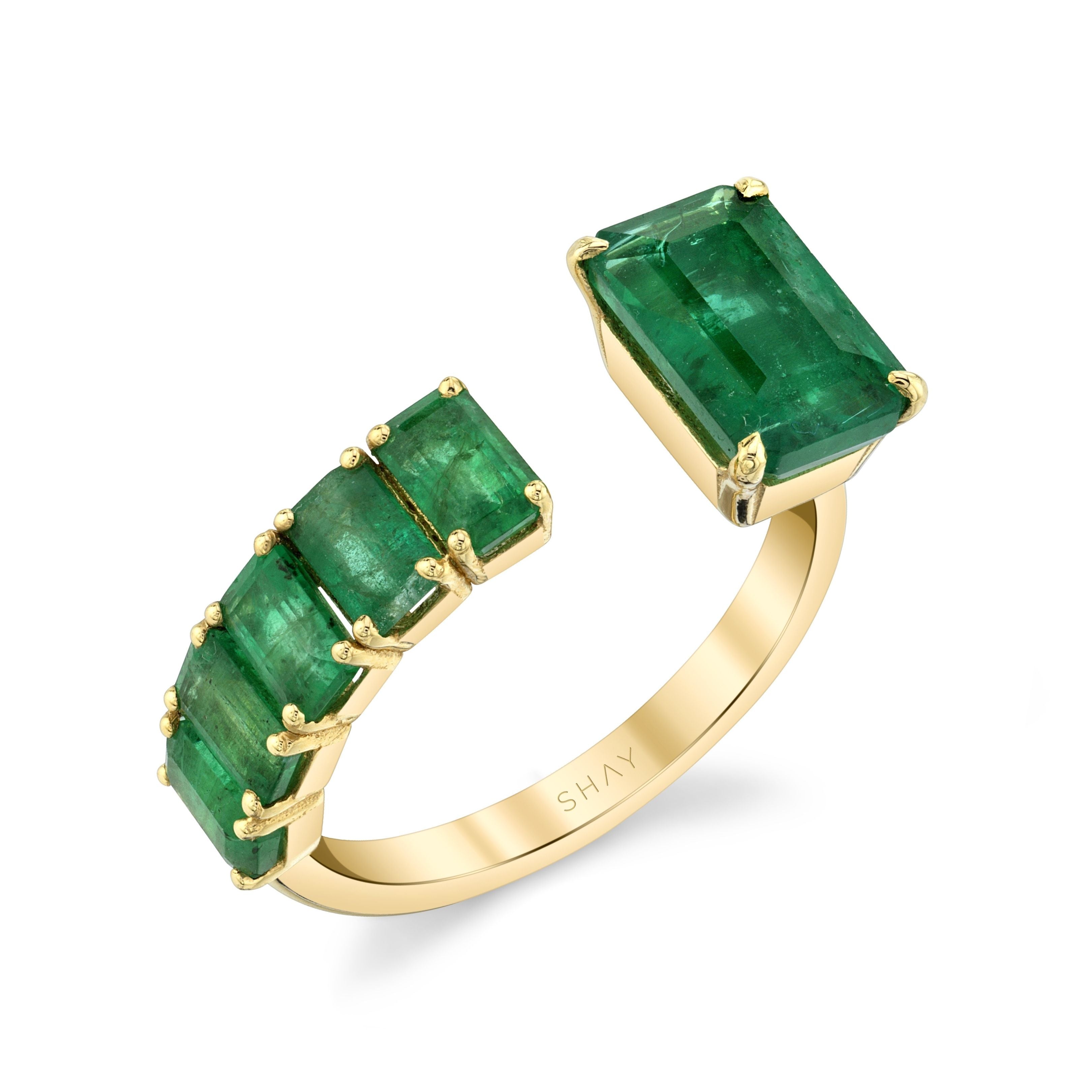 Natural Emerald Gemstone Chevron Ring in 14k Real Yellow Gold