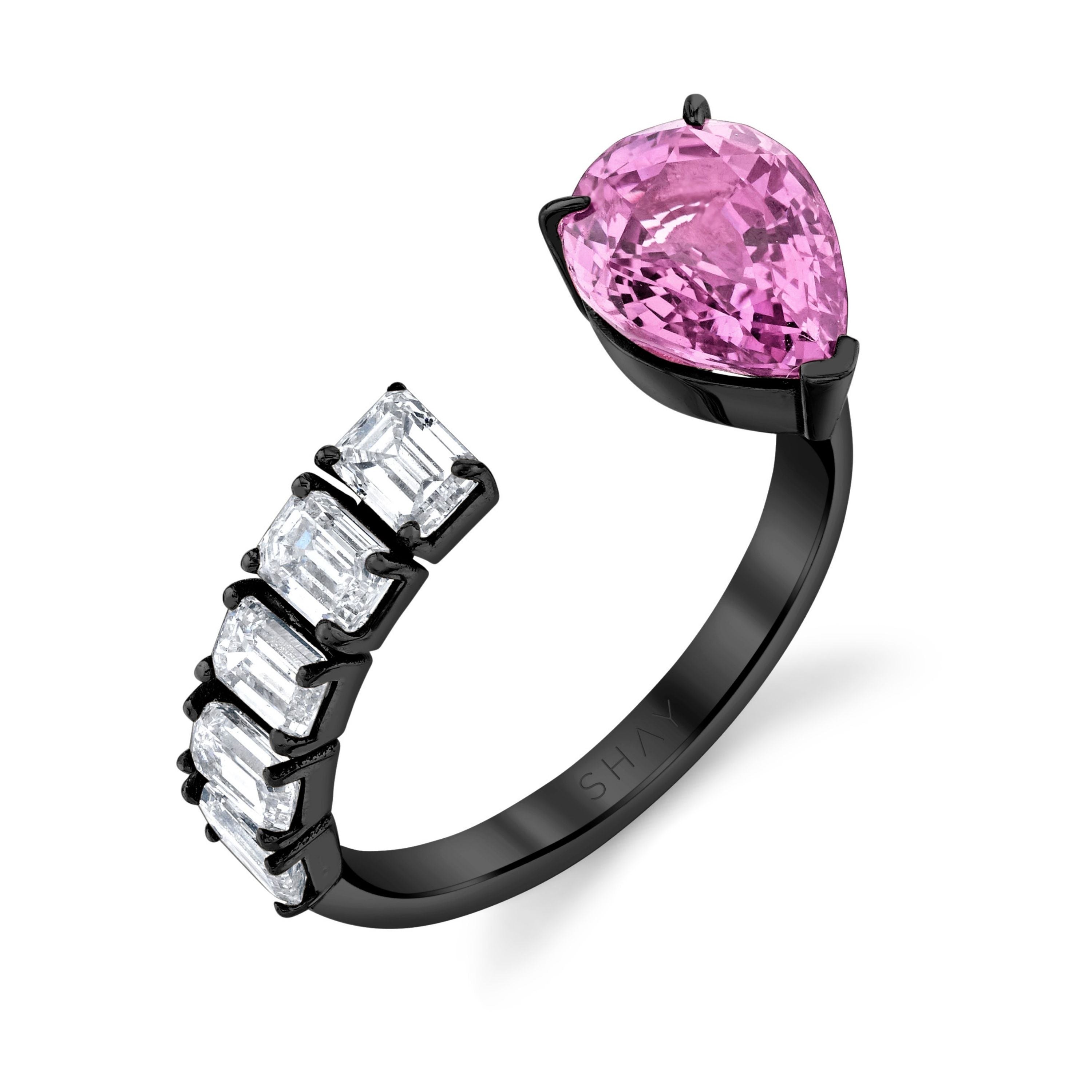 Custom Made 4.23ct Black Princess Cut Diamond Pink Sapphire Engagement Ring  Bridal Set 14k White Gold / Front Jewelers