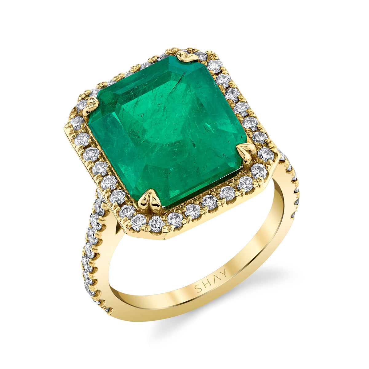 READY TO SHIP DIAMOND & EMERALD SOLITAIRE HALO RING