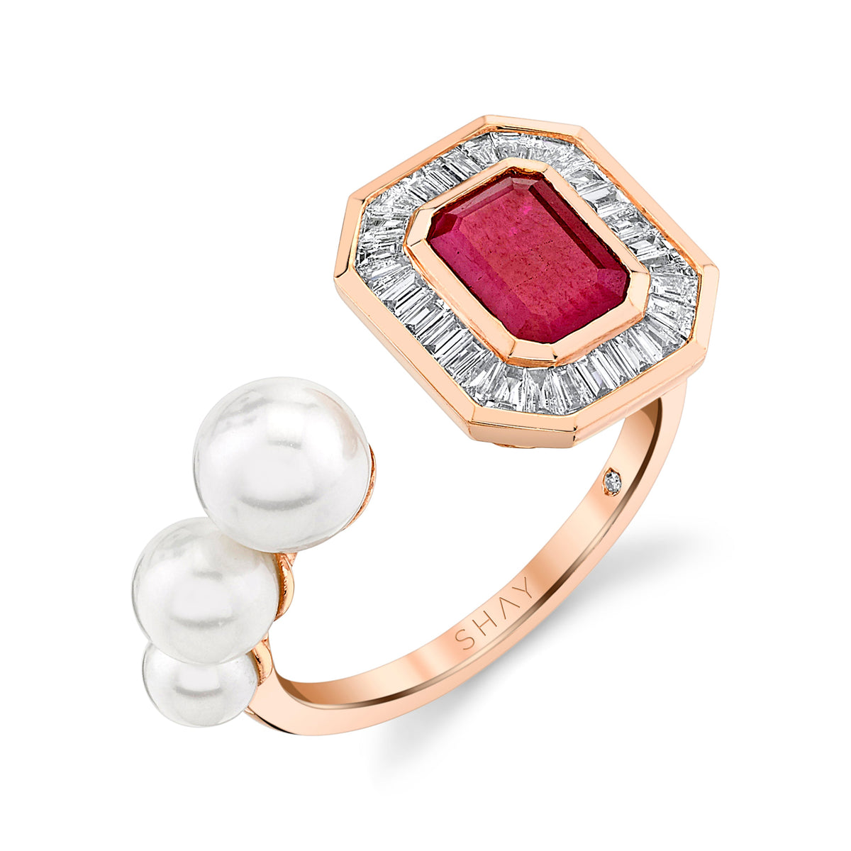 READY TO SHIP TRIPLE PEARL & RUBY BAGUETTE FLOATING RING