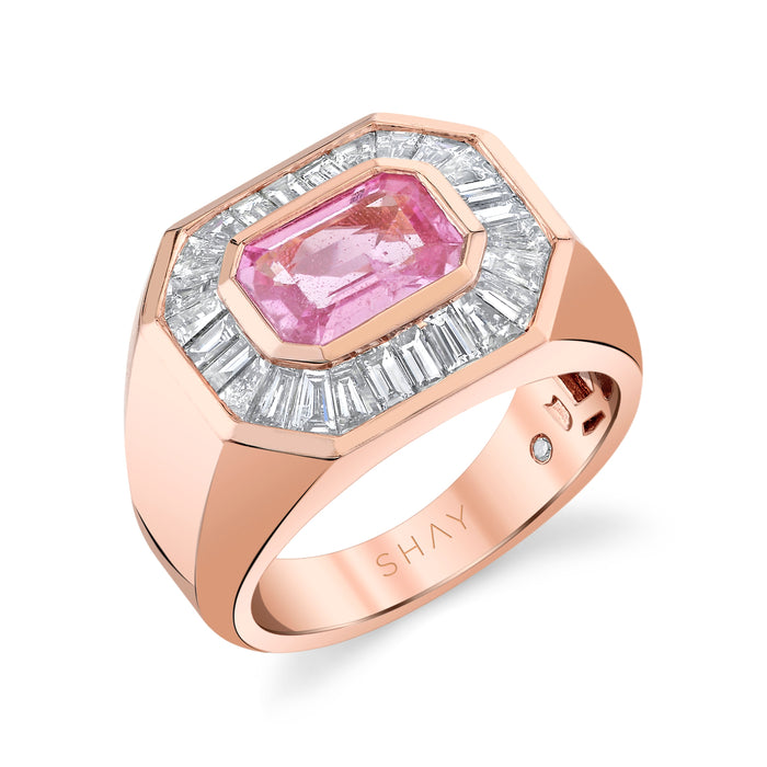 READY TO SHIP PINK SAPPHIRE & DIAMOND BAGUETTE PINKY RING