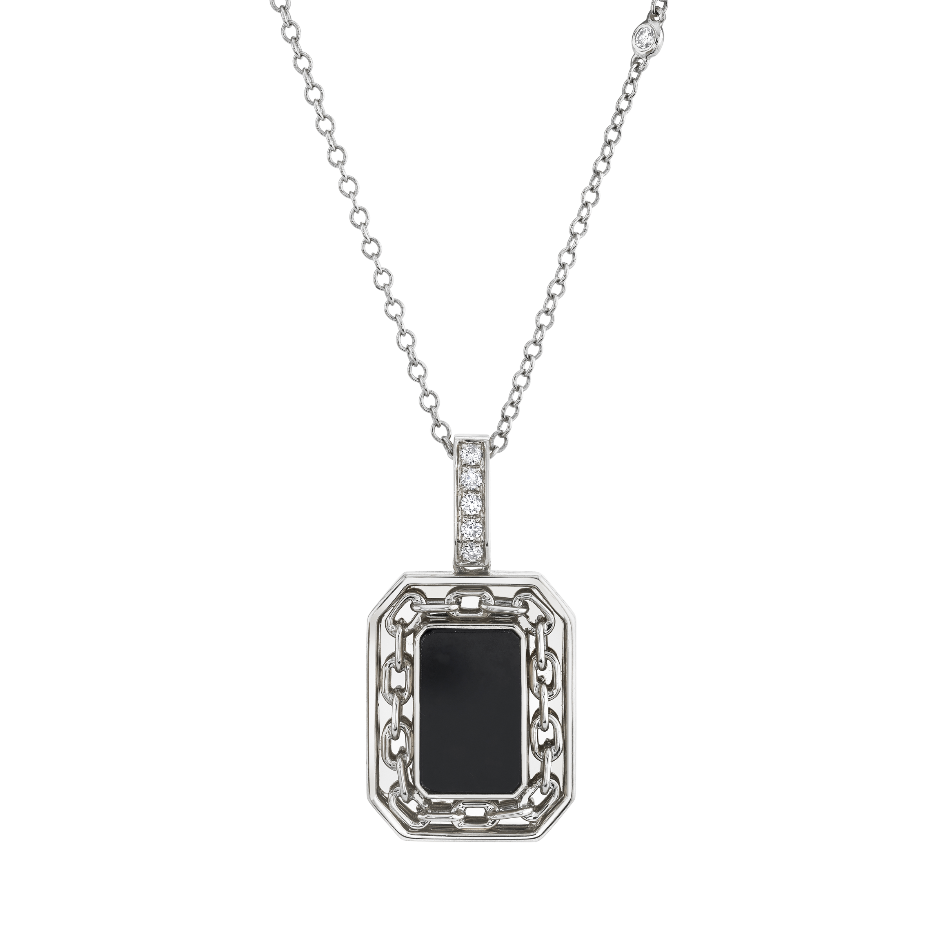 Sterling Silver Onyx, Created Pink Sapphire and Diamond Pendant Sterling Silver Onyx, Created Pink Sapphire and Diamond Pendant