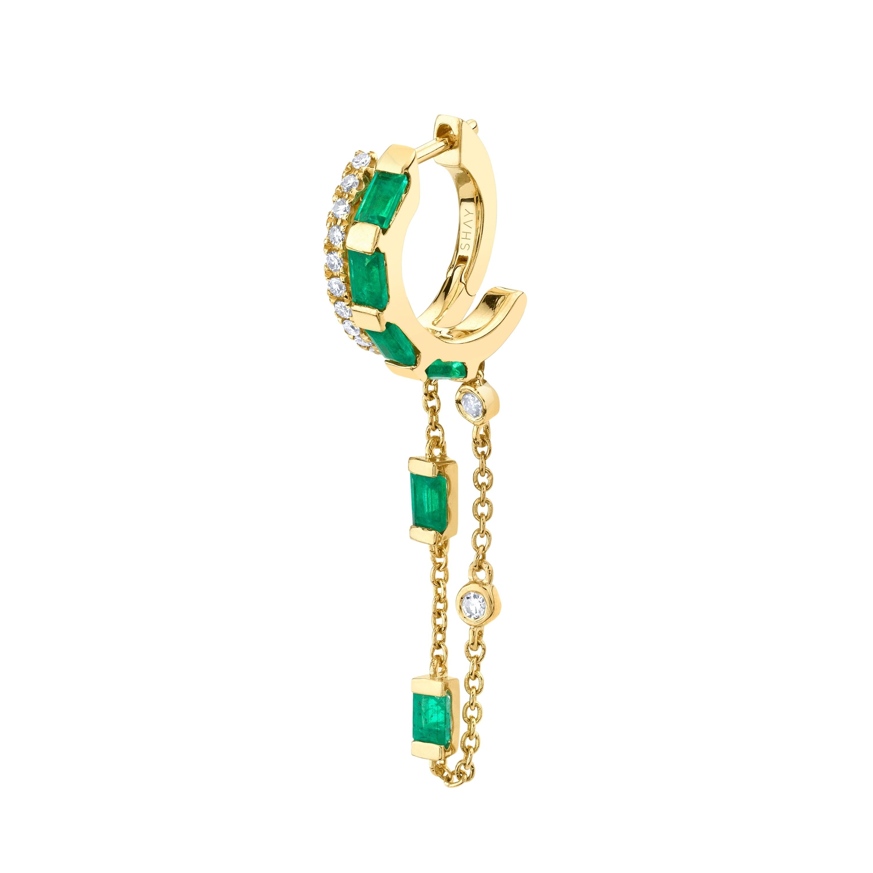 SINGLE EMERALD & DIAMOND DOUBLE FRINGE HUGGIE